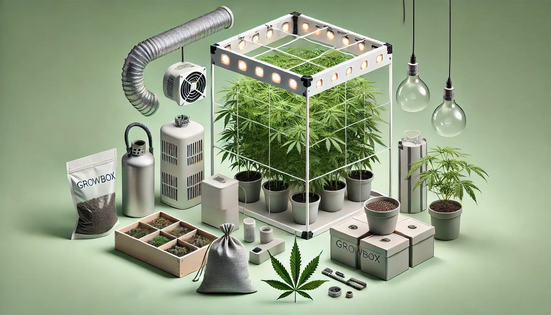 DALL·E 2024-11-12 17.05.53 - A highly detailed, text-free image representing a complete growbox kit in a clean, minimalist style. The image includes a growbox setup with essential