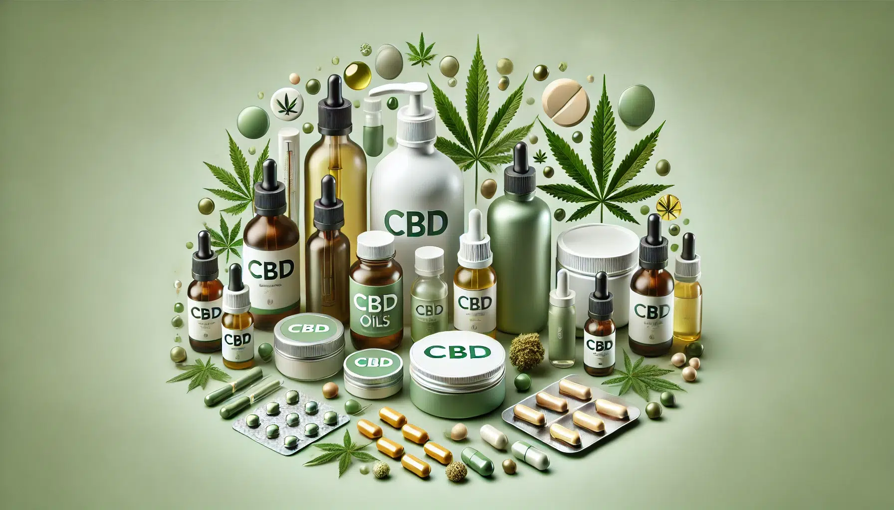 DALL·E 2024-11-12 17.18.04 - A highly detailed, text-free image representing CBD in a clean, minimalist style. The image includes a variety of CBD products such as oils, capsules,