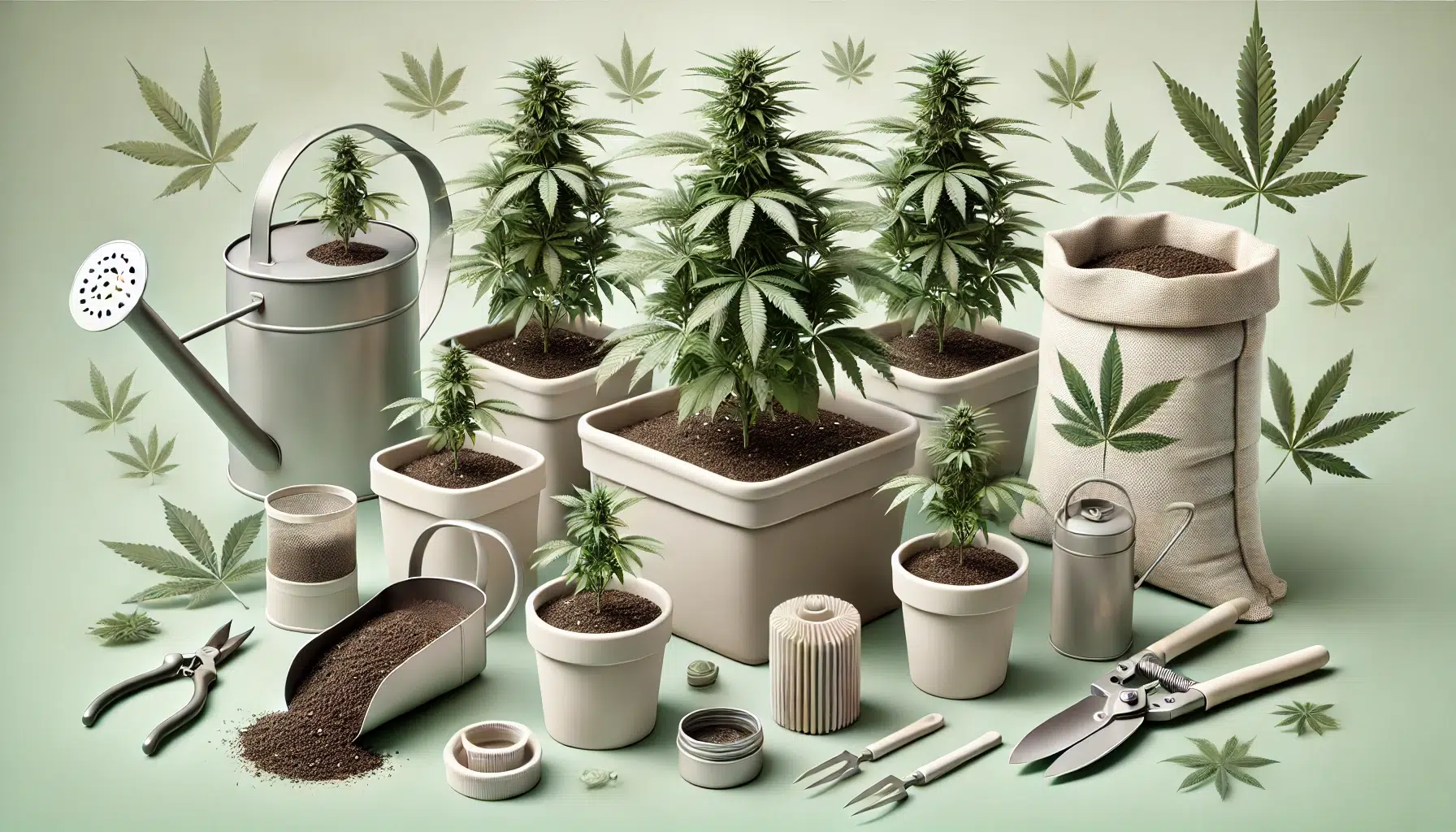 DALL·E 2024-11-12 17.21.57 - A highly detailed, text-free image representing cannabis cultivation in a clean, minimalist style. The image features young cannabis plants in pots, s