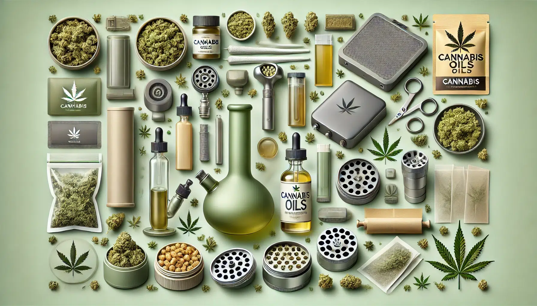 DALL·E 2024-11-12 17.22.55 - A highly detailed, text-free image showcasing a variety of cannabis-related products in a clean, minimalist style. The image includes items like canna