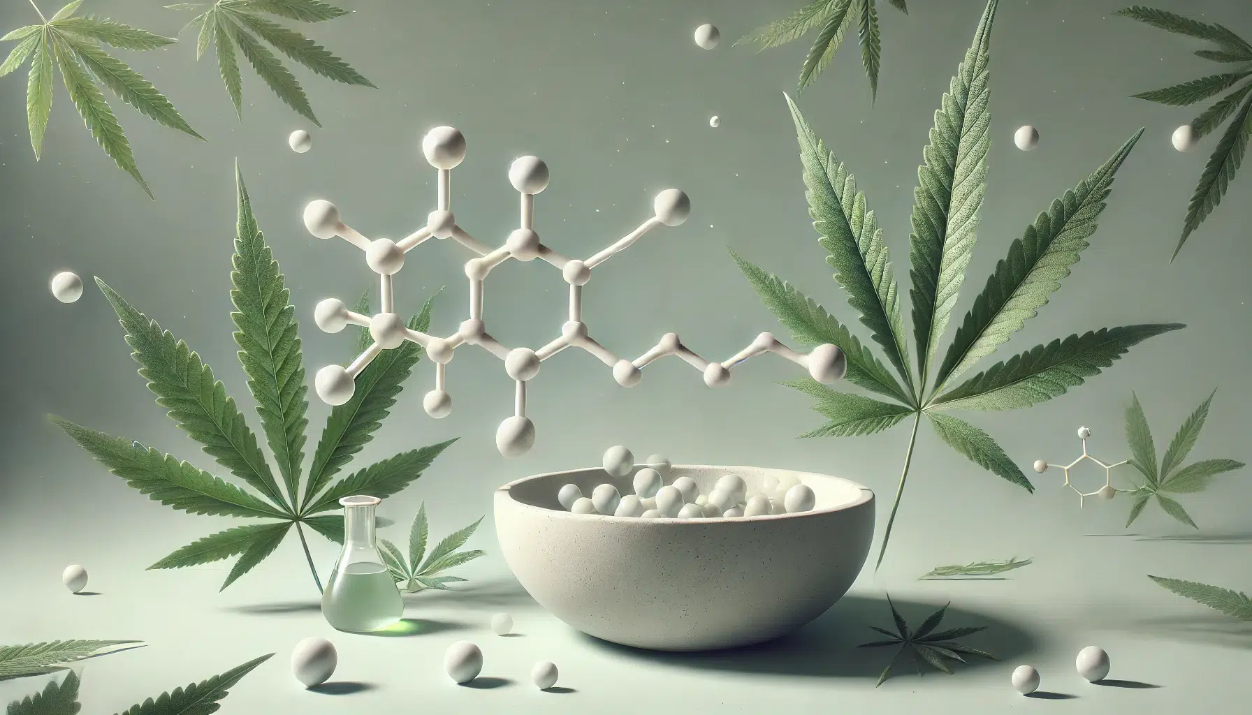 DALL·E 2024-11-16 01.37.49 - Ein ruhiges und harmonisches Bild mit chemischen Molekülstrukturen kombiniert mit Cannabisblättern. Der Hintergrund ist minimalistisch und in einem we