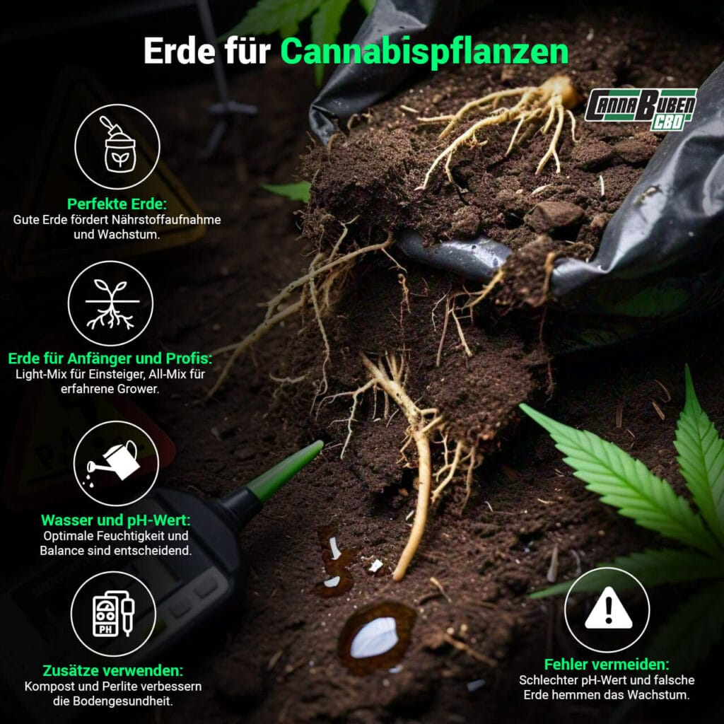 Infografik zur Auswahl der richtigen Erde für Cannabispflanzen.