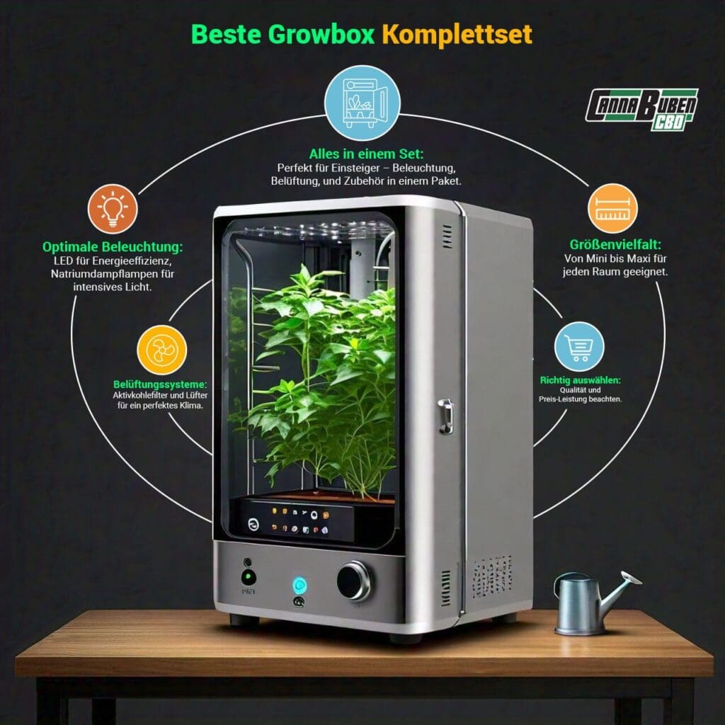 Infografik zum Growbox Komplettset: Beleuchtung, Belüftung und Set-Zubehör.
