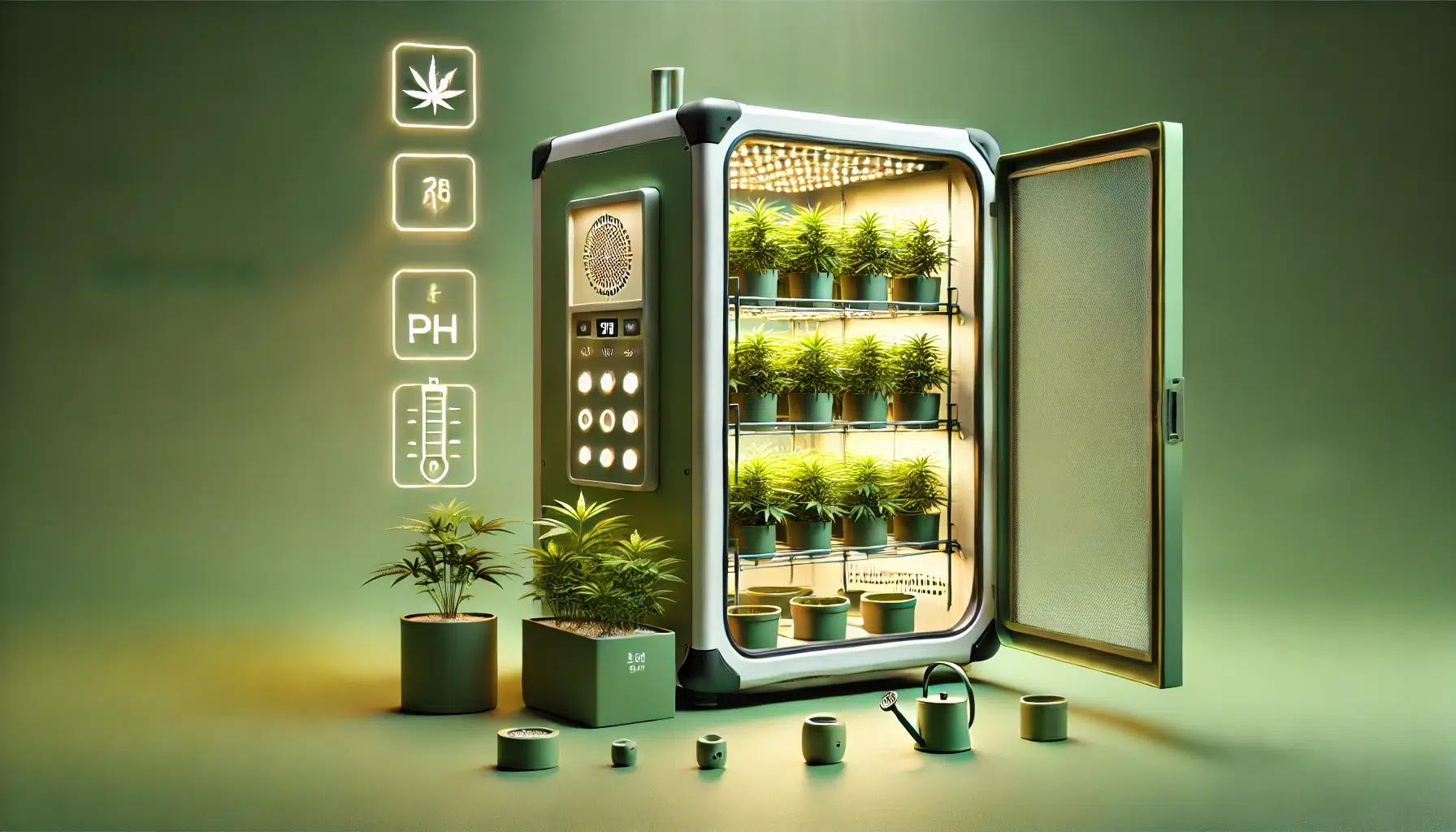 DALL·E 2024-12-08 13.08.27 - A minimalist and modern artistic depiction of a growbox set for indoor gardening. The growbox is sleek and rectangular, with a partially open door rev