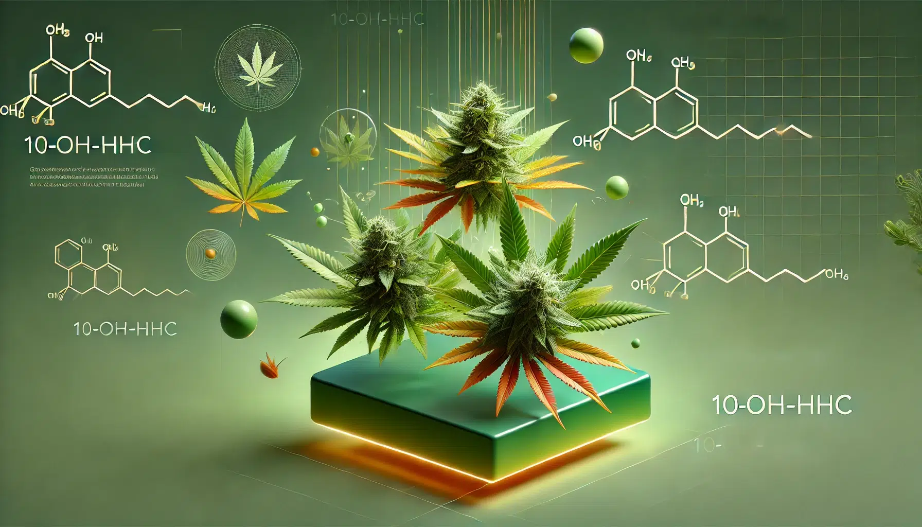 DALL·E 2024-12-08 13.12.32 - A minimalist and modern artistic depiction of 10-OH-HHC flowers. The focus is on stylized cannabis buds with vibrant green and orange hues, presented