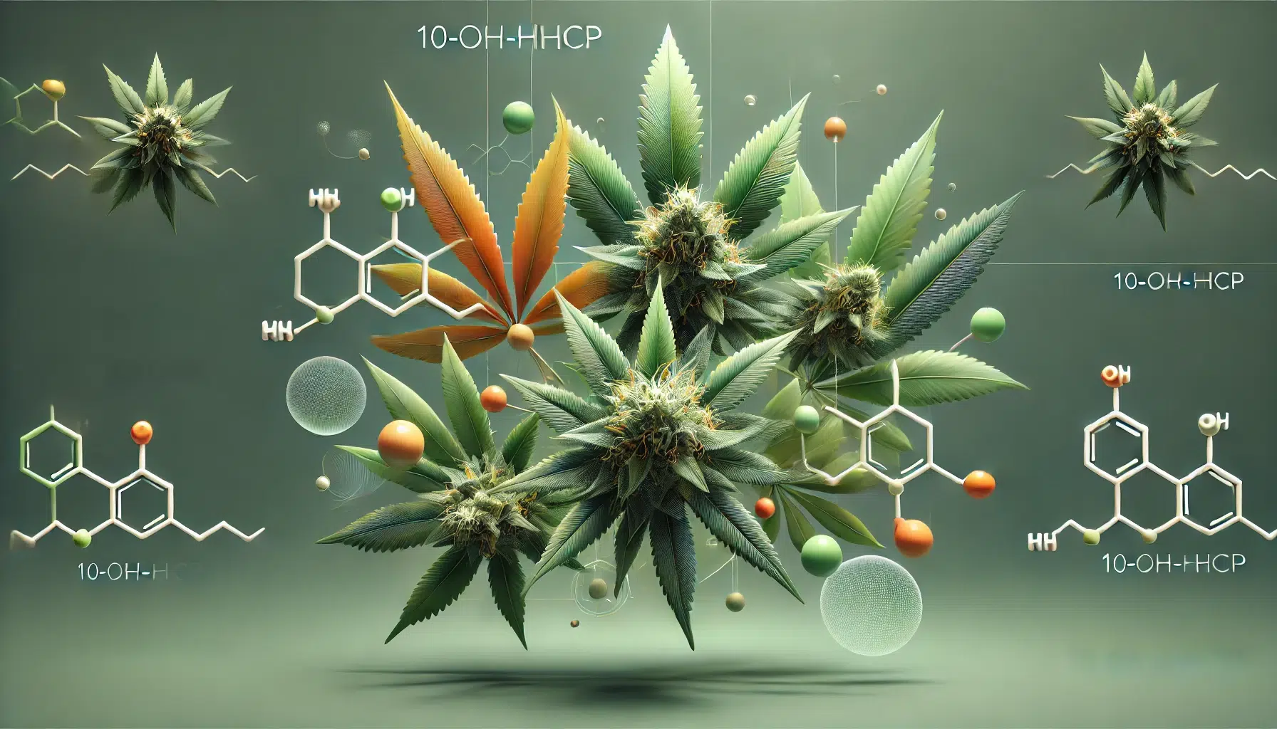 DALL·E 2024-12-08 13.13.25 - A minimalist and modern artistic depiction of 10-OH-HHCP flowers. The focus is on stylized cannabis buds with rich green and orange hues, presented in