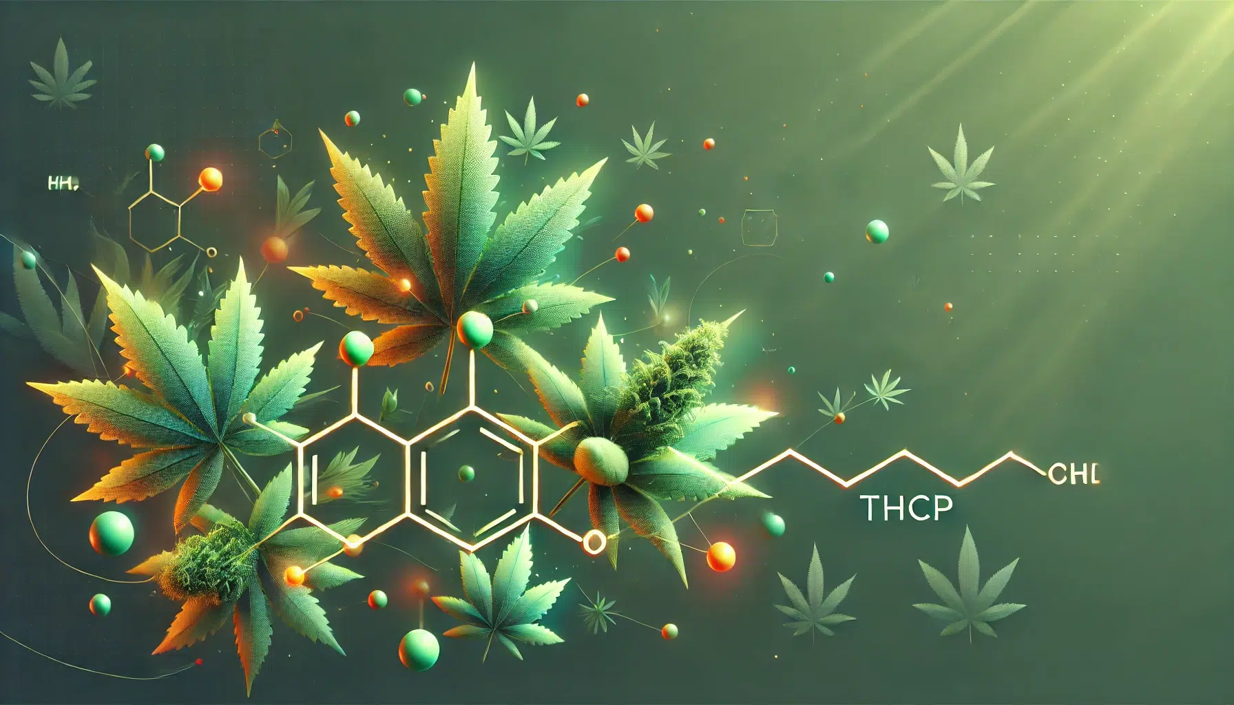 DALL·E 2024-12-12 17.40.27 - A minimalist and modern artistic depiction of THCP. The focus is on stylized cannabis buds with vibrant green and orange tones, floating alongside che