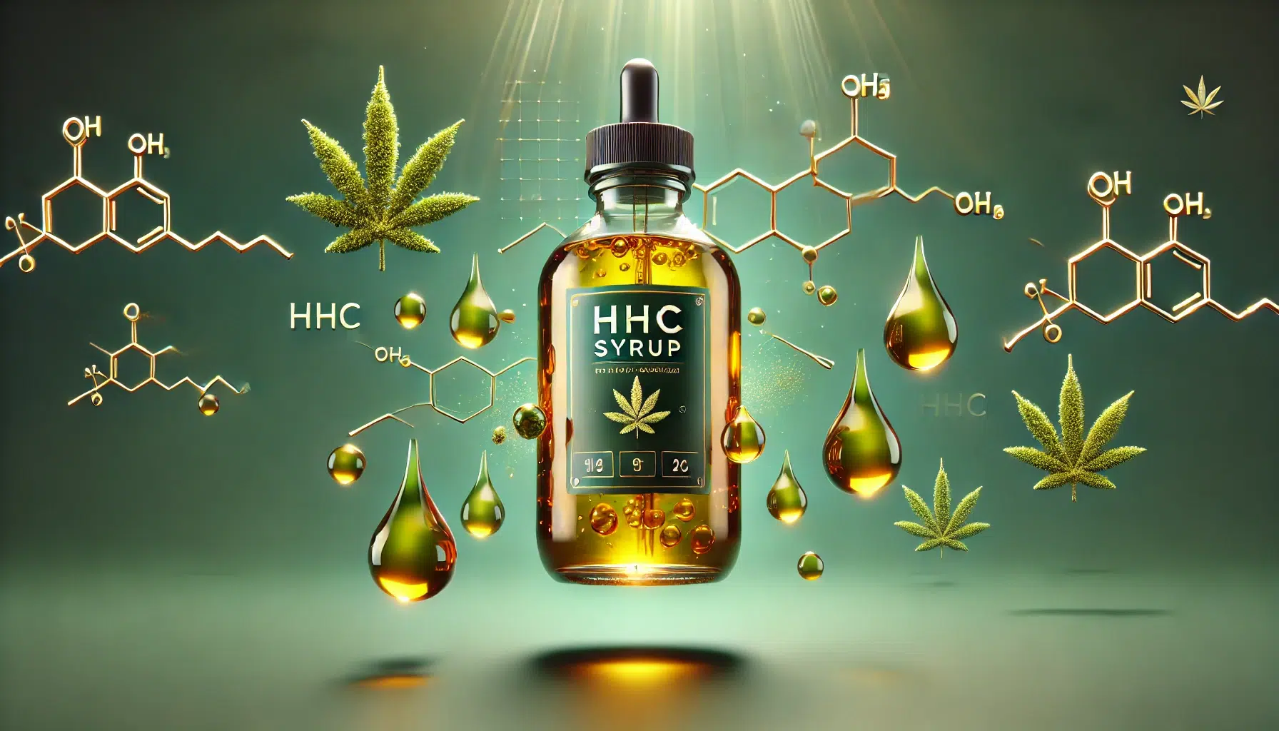 DALL·E 2024-12-12 18.27.02 - A minimalist and modern artistic depiction of HHC syrup. The focus is on a sleek, transparent bottle filled with vibrant golden syrup, featuring a sty