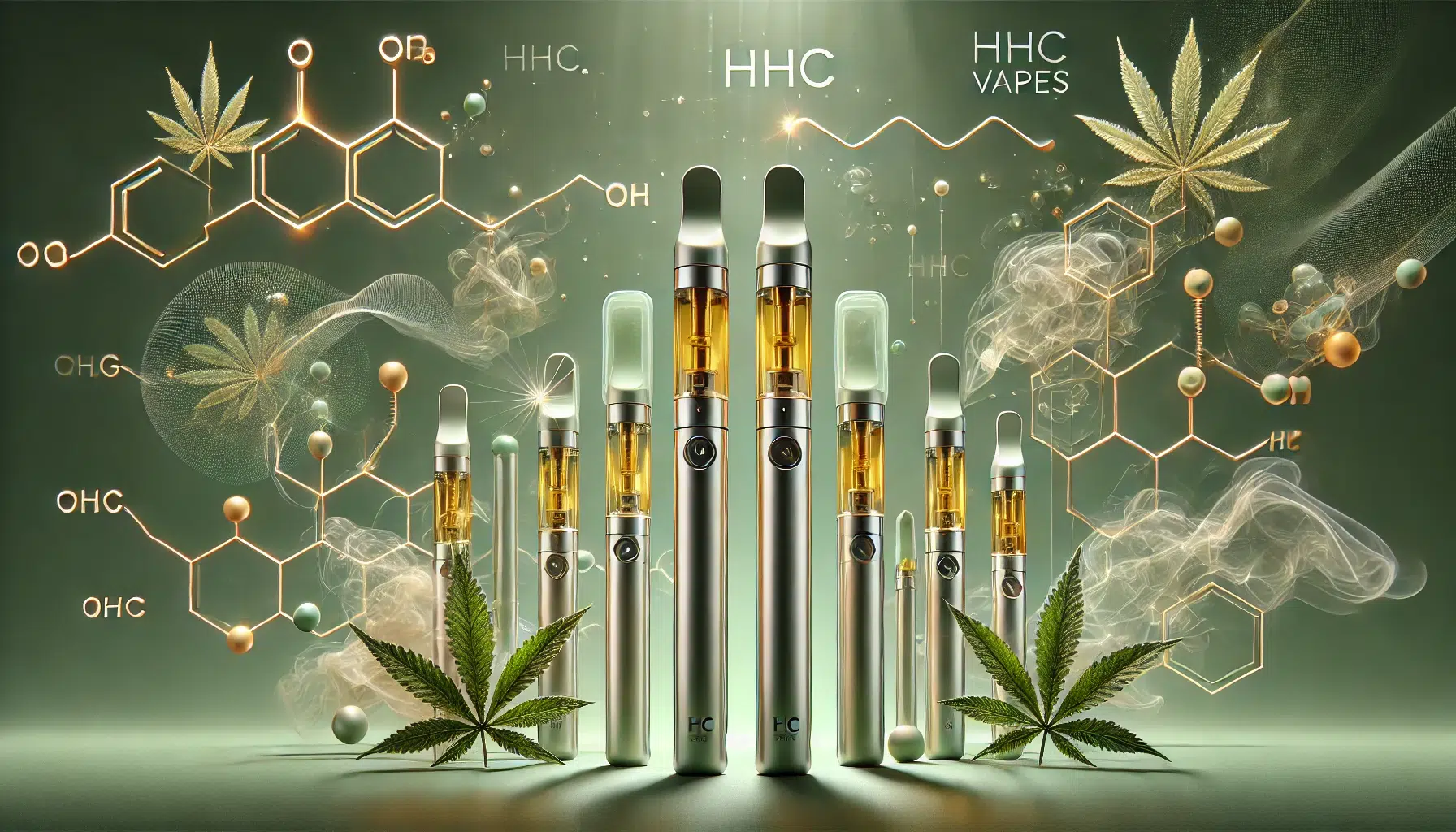 DALL·E 2024-12-12 20.08.22 - A minimalist and modern artistic depiction of HHC vapes. The focus is on a sleek collection of vape pens with transparent cartridges showcasing golden