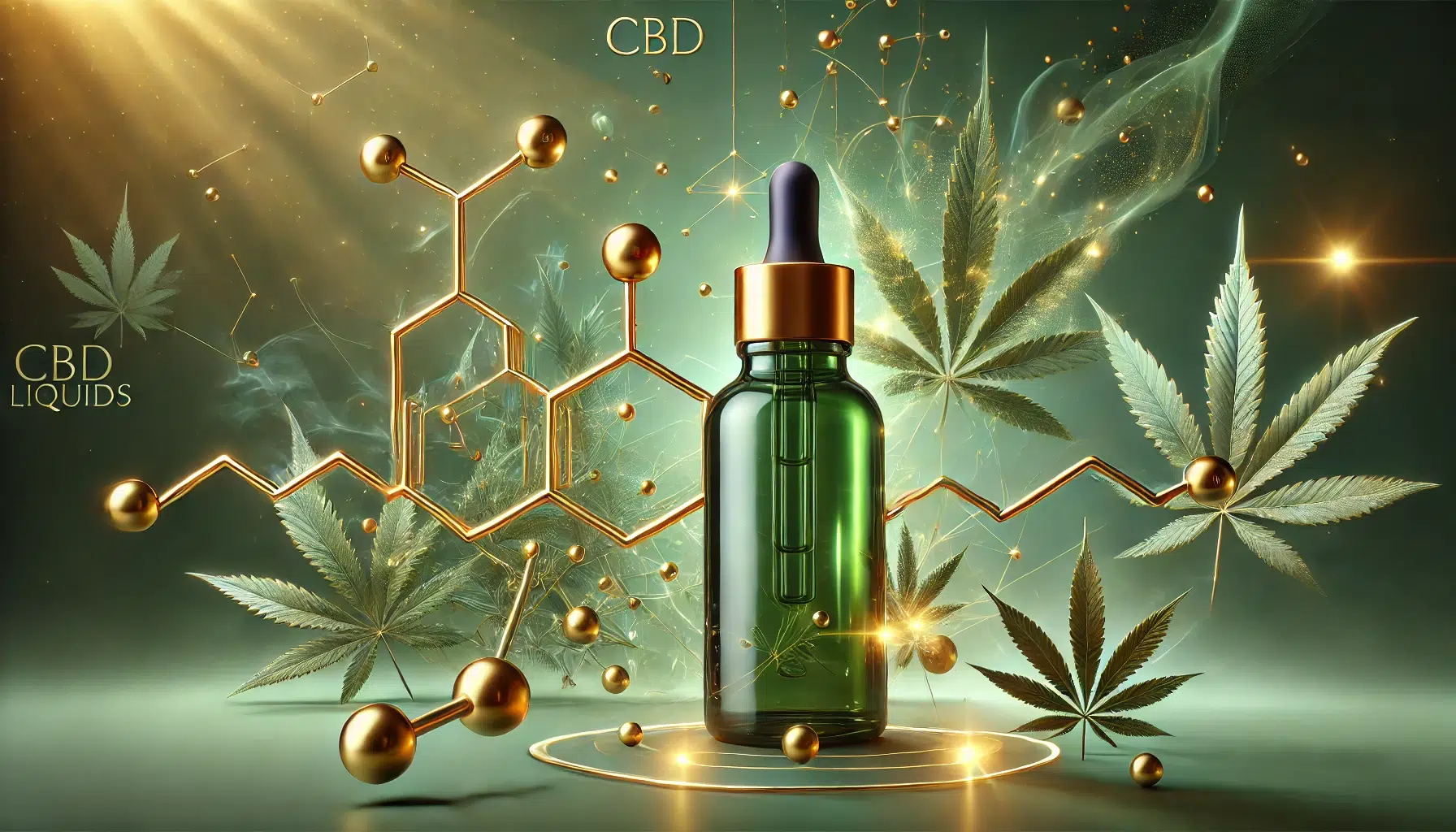 DALL·E 2024-12-19 21.27.53 - A highly artistic and modern depiction of CBD liquids, designed in the exact style of the previously provided images with golden molecular structures